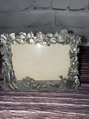 Perfect Art Nouveau Pewter Garden Theme Silver Photo Frame. Watering Can Flowers